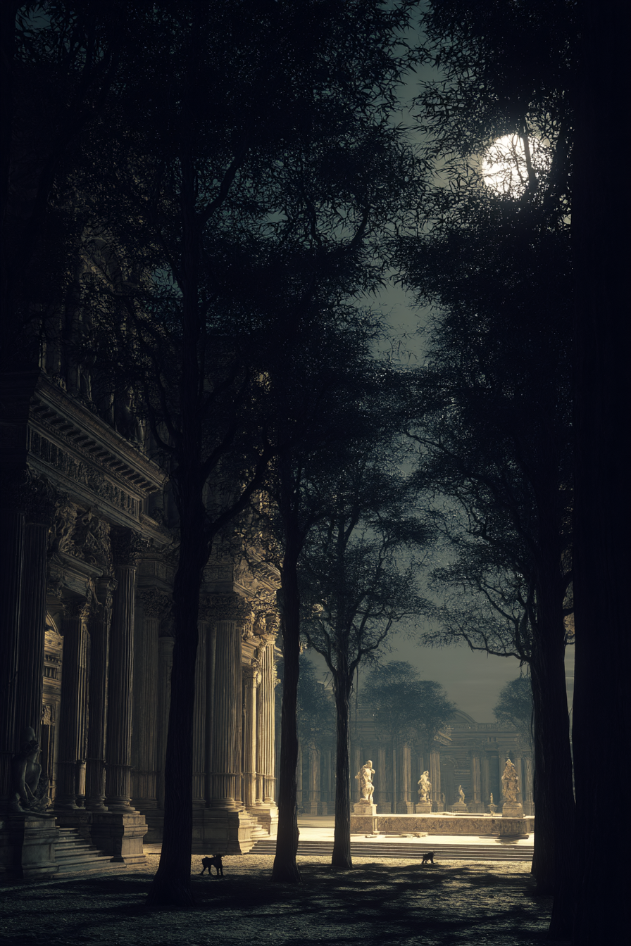 Tranquil Mystical Scene Mit Architektur Und Baeumen Unter Dem Mondlicht | Klassisch | Einrichtungsstile