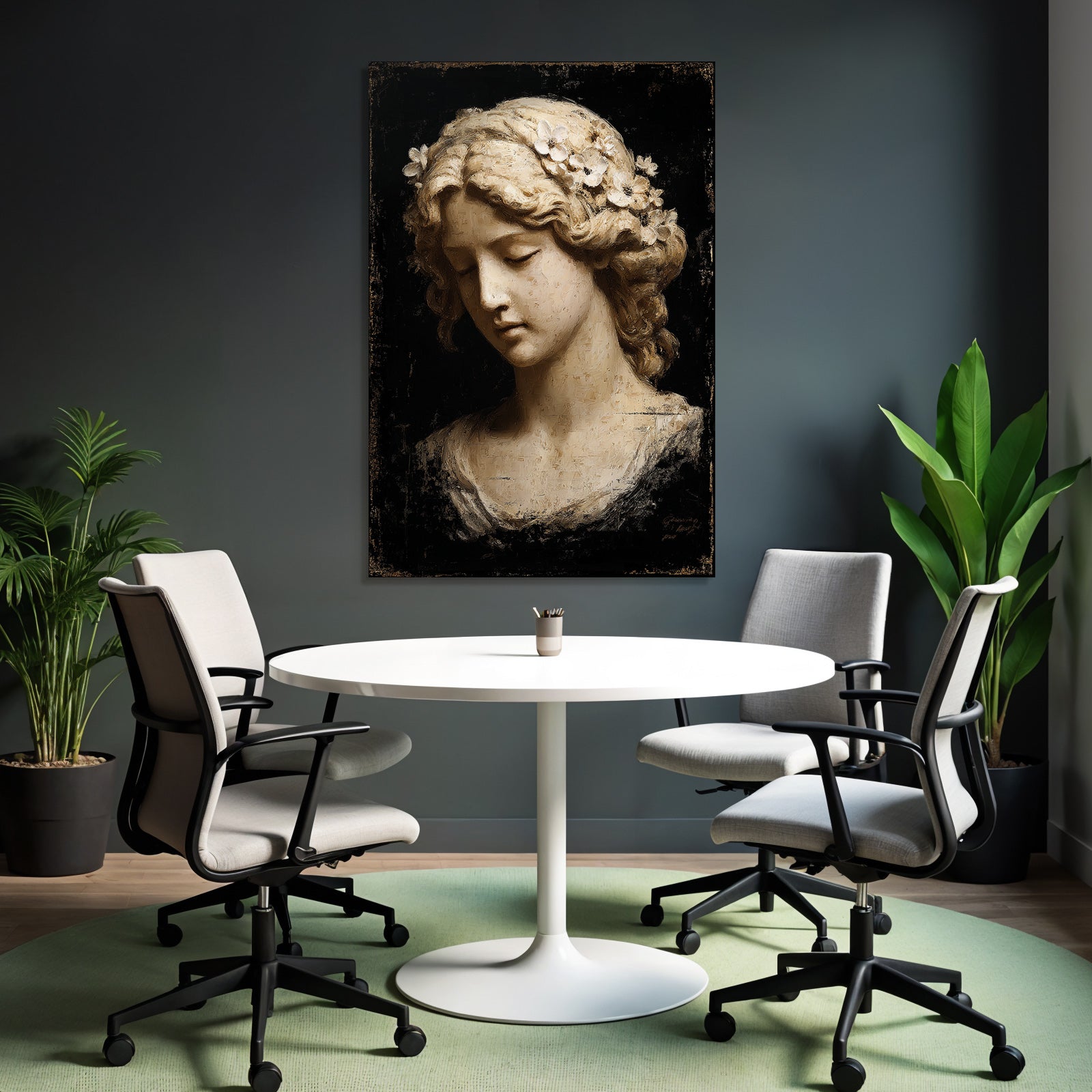 Weibliche Figuren Mit Blumen Und Dunklem Hintergrund