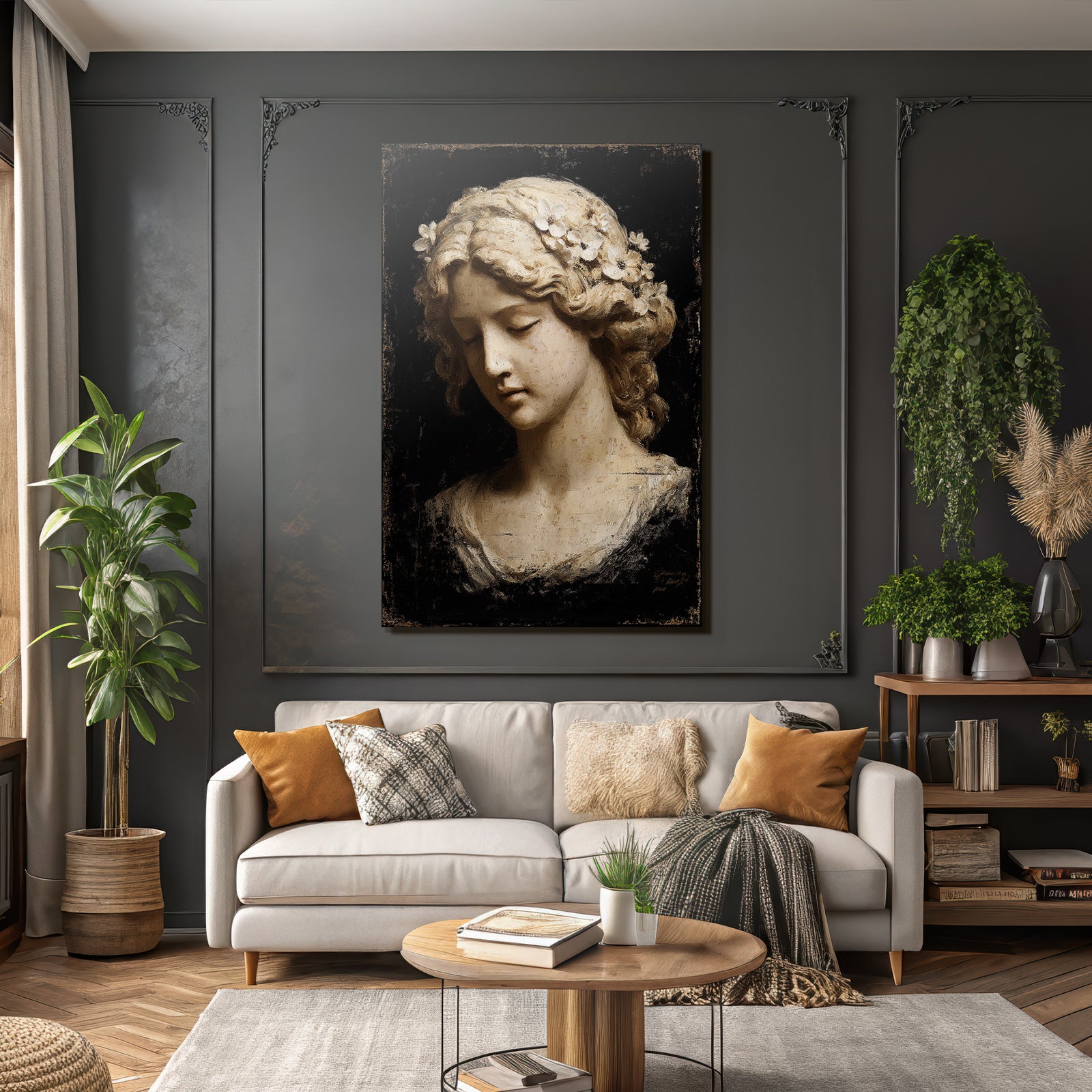 Weibliche Figuren Mit Blumen Und Dunklem Hintergrund