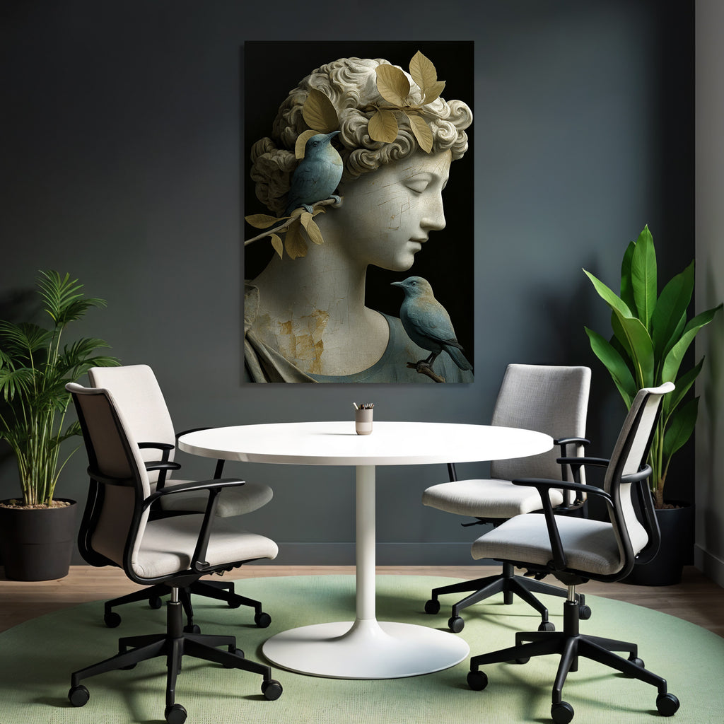 Weibliche Skulptur Mit Voegeln Und Blaettern In Hair Beige Und Blau
