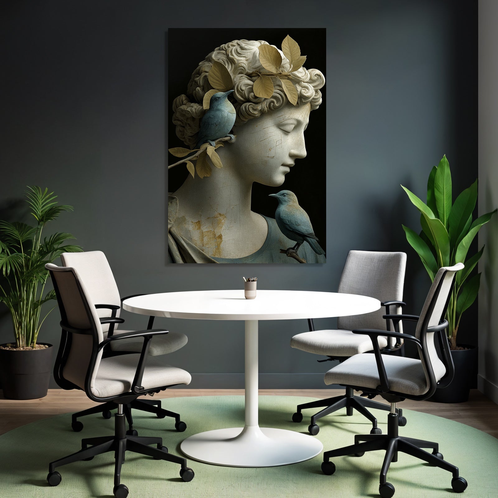Weibliche Skulptur Mit Voegeln Und Blaettern In Hair Beige Und Blau