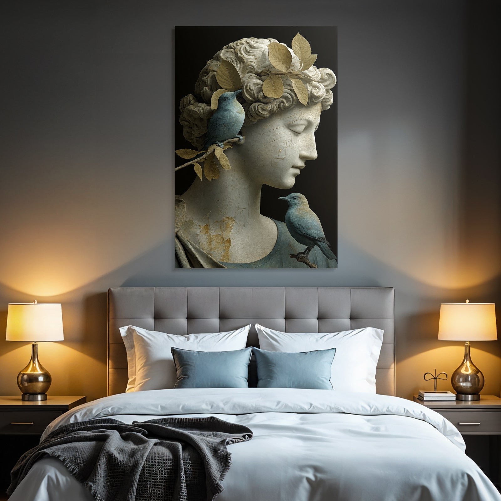 Weibliche Skulptur Mit Voegeln Und Blaettern In Hair Beige Und Blau