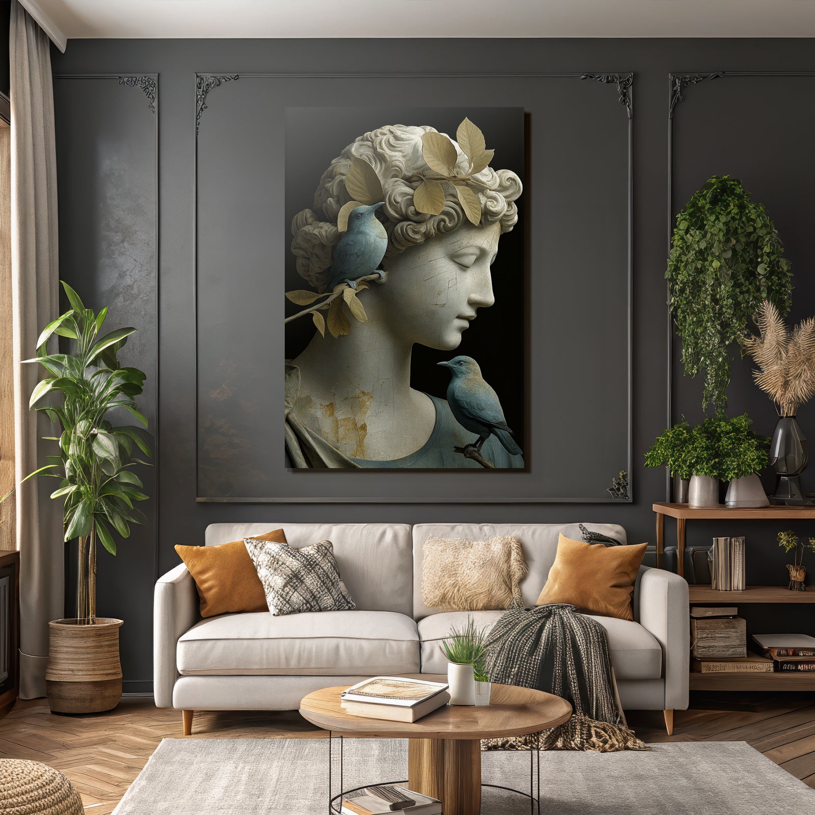 Weibliche Skulptur Mit Voegeln Und Blaettern In Hair Beige Und Blau