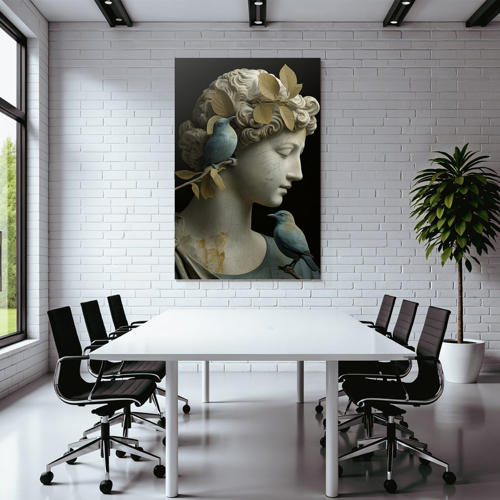 Weibliche Skulptur Mit Voegeln Und Blaettern In Hair Beige Und Blau