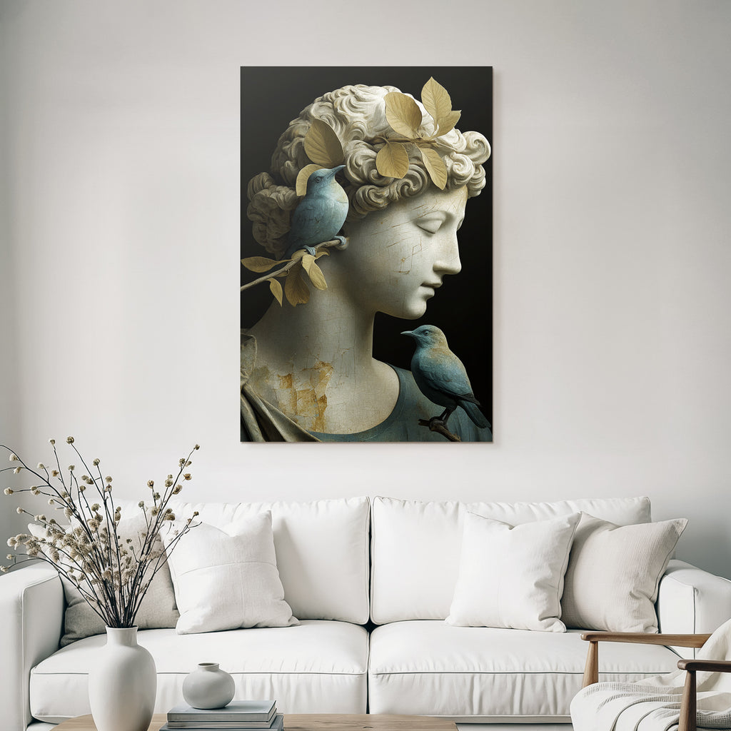 Weibliche Skulptur Mit Voegeln Und Blaettern In Hair Beige Und Blau