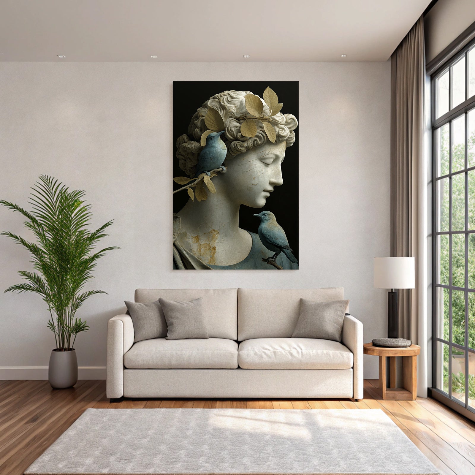 Weibliche Skulptur Mit Voegeln Und Blaettern In Hair Beige Und Blau