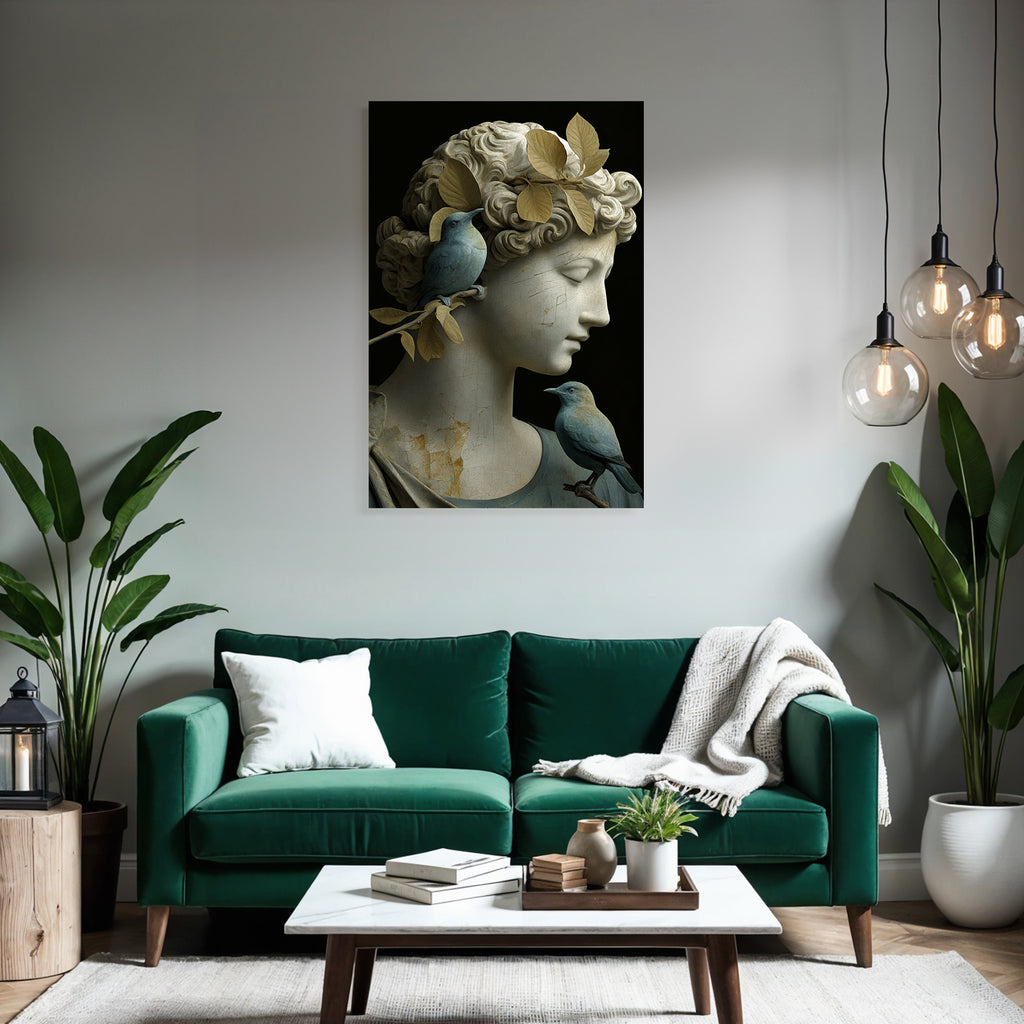 Weibliche Skulptur Mit Voegeln Und Blaettern In Hair Beige Und Blau