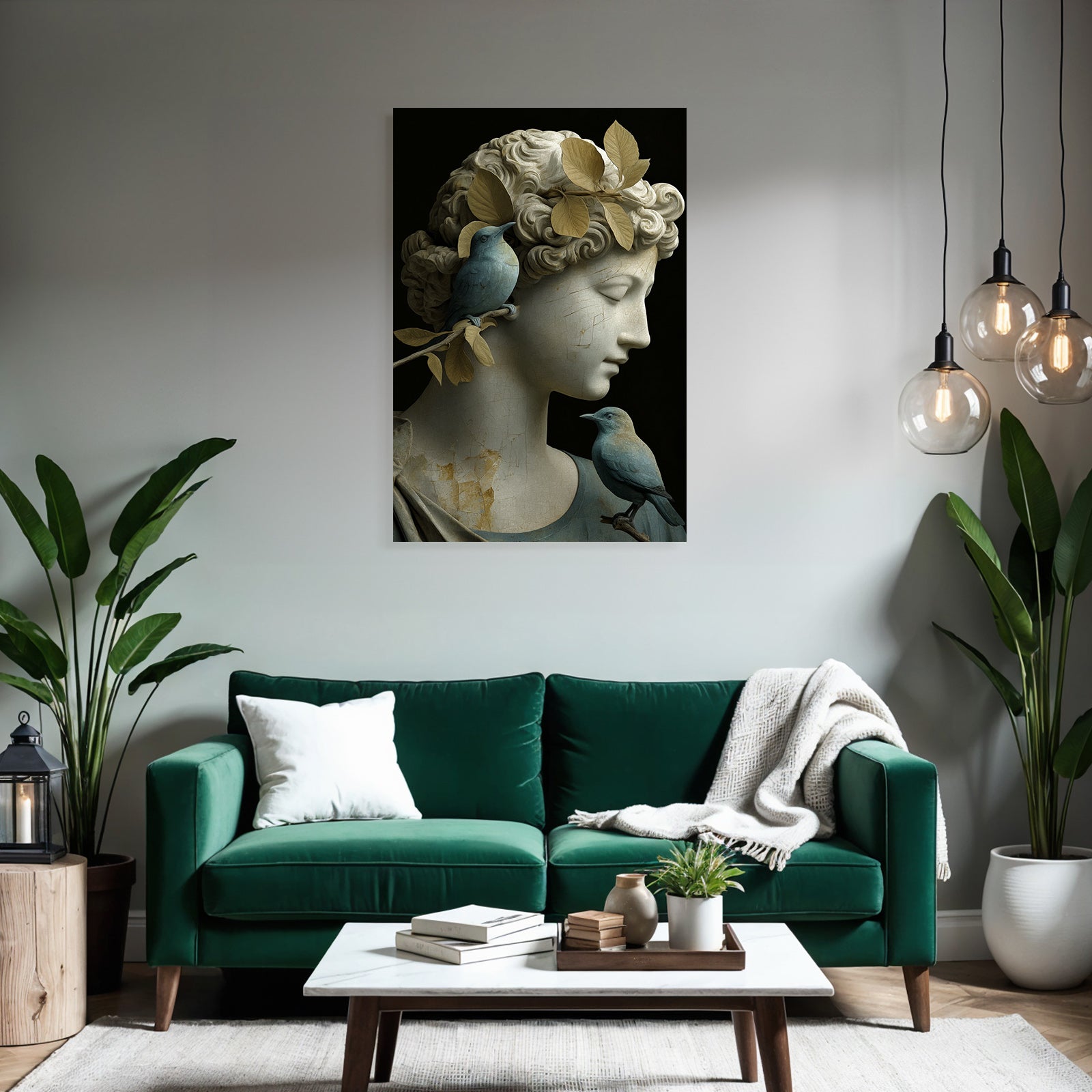 Weibliche Skulptur Mit Voegeln Und Blaettern In Hair Beige Und Blau