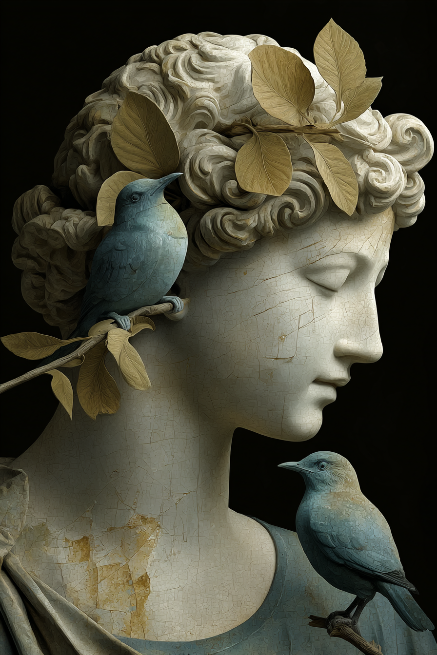 Weibliche Skulptur Mit Voegeln Und Blaettern In Hair Beige Und Blau | Klassisch | Einrichtungsstile