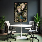 Two Figures Surrounded by Botanical Elements and Sculptures