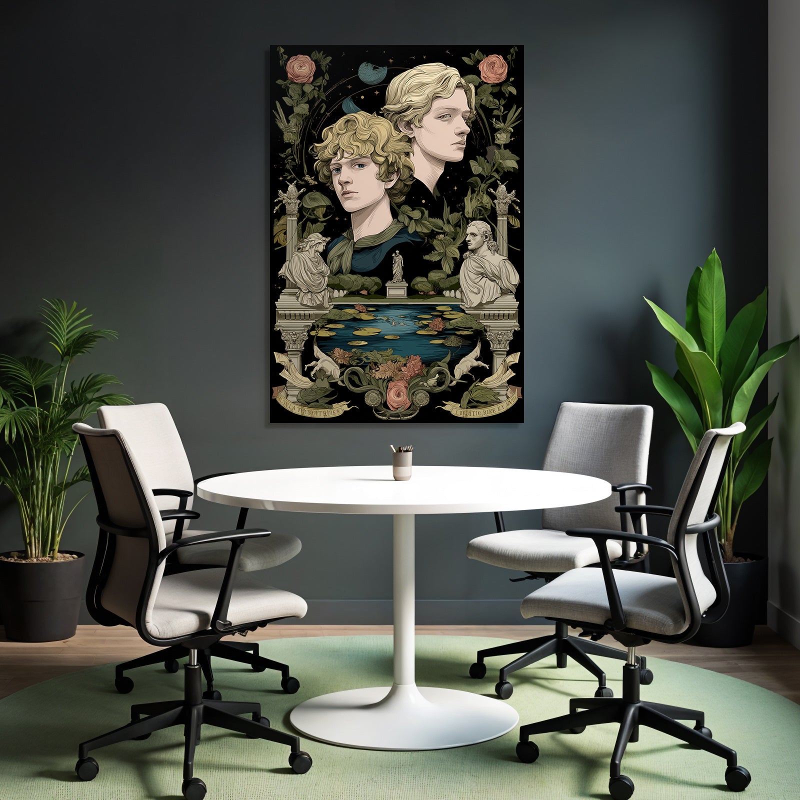 Two Figures Surrounded by Botanical Elements and Sculptures