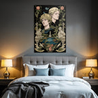 Two Figures Surrounded by Botanical Elements and Sculptures