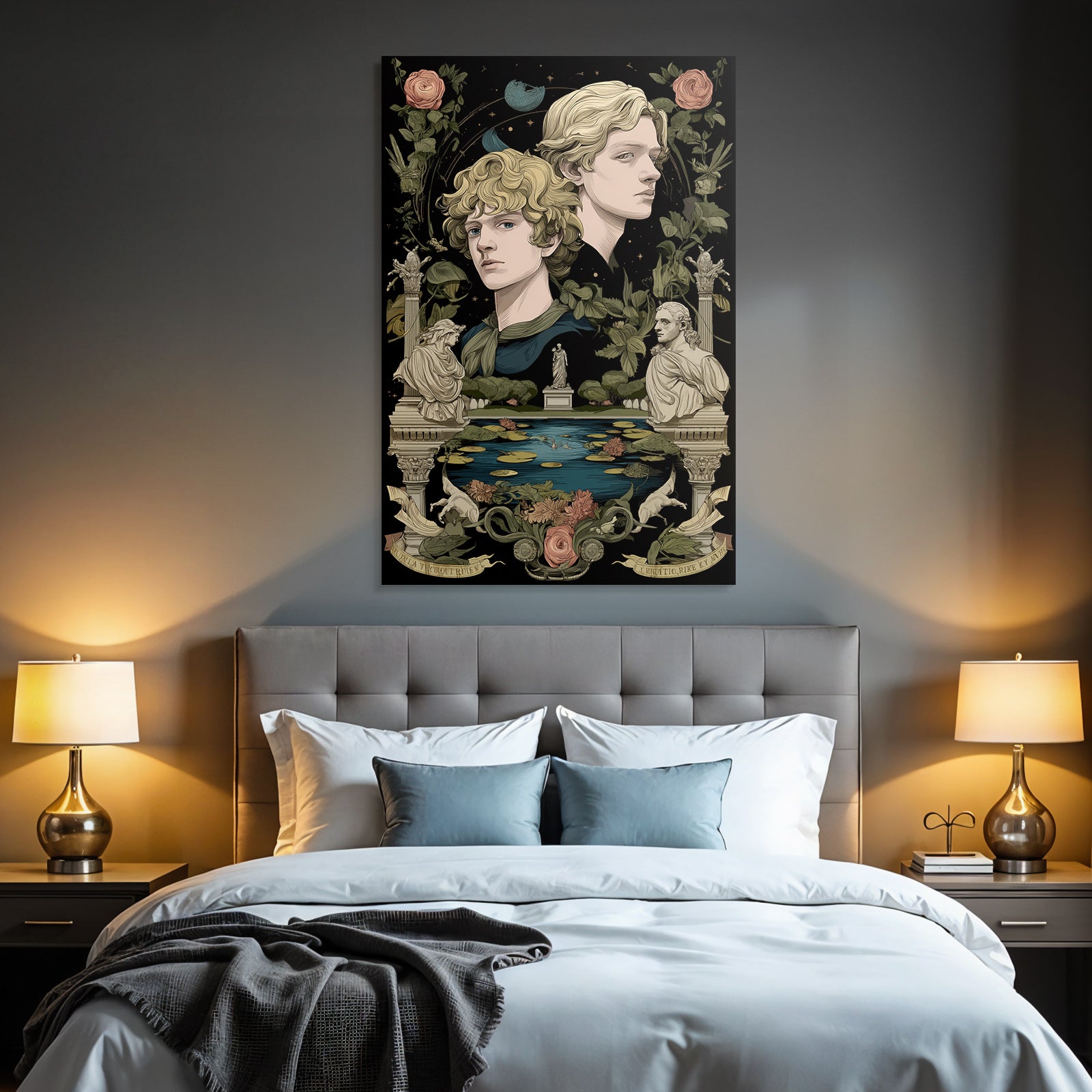 Two Figures Surrounded by Botanical Elements and Sculptures
