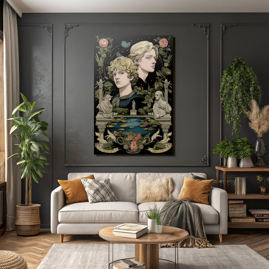 Two Figures Surrounded by Botanical Elements and Sculptures