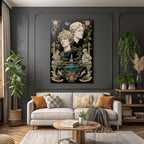 Two Figures Surrounded by Botanical Elements and Sculptures