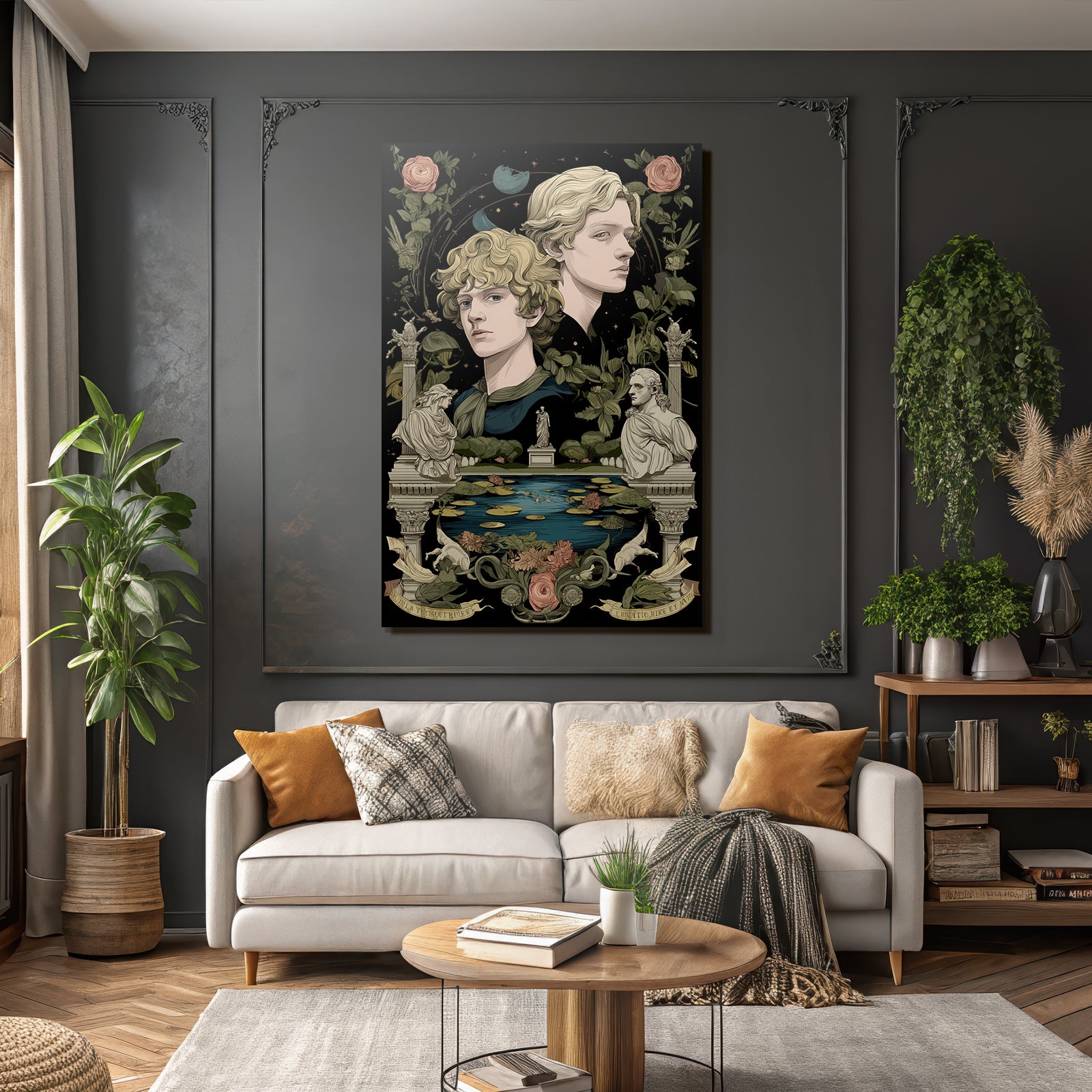 Two Figures Surrounded by Botanical Elements and Sculptures