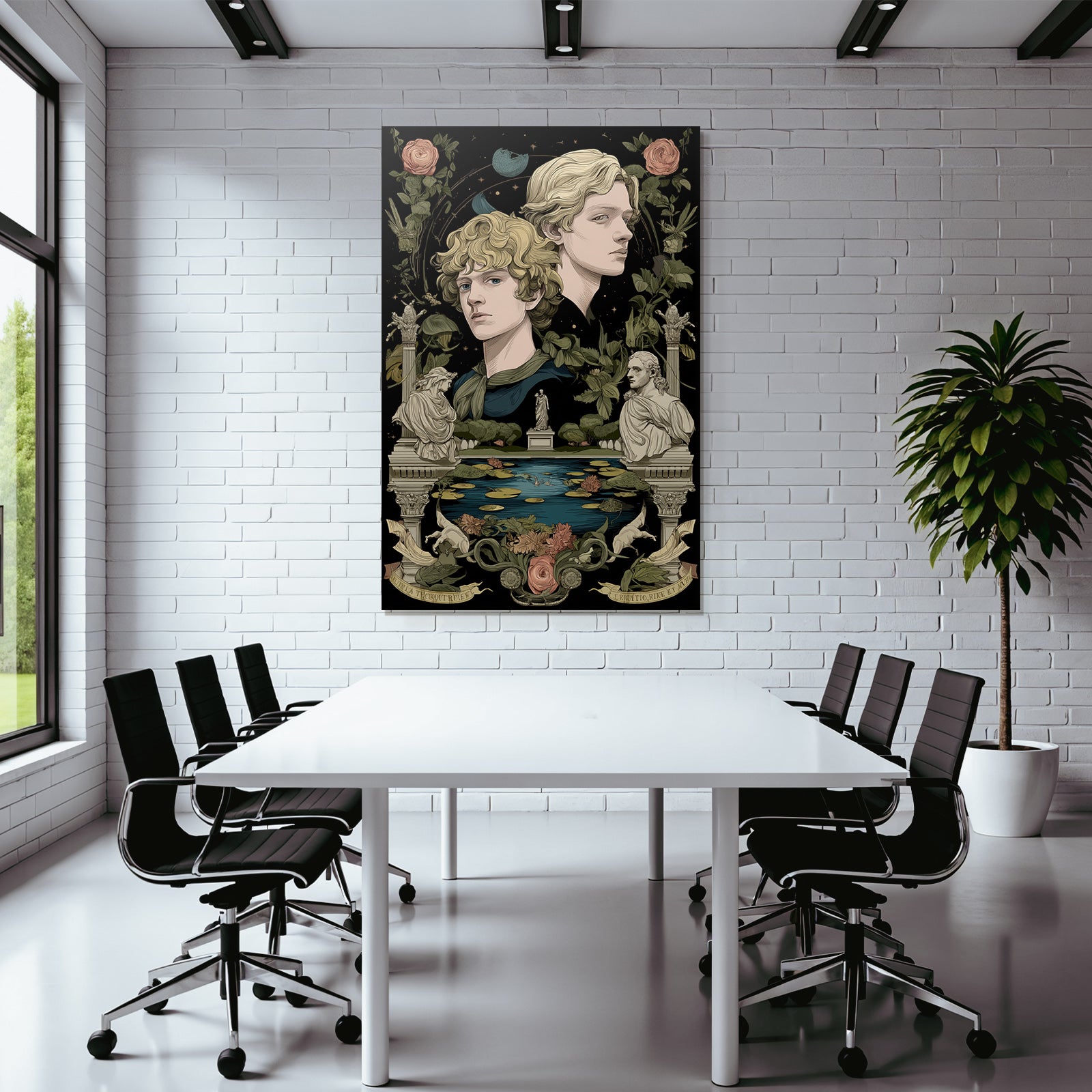 Two Figures Surrounded by Botanical Elements and Sculptures