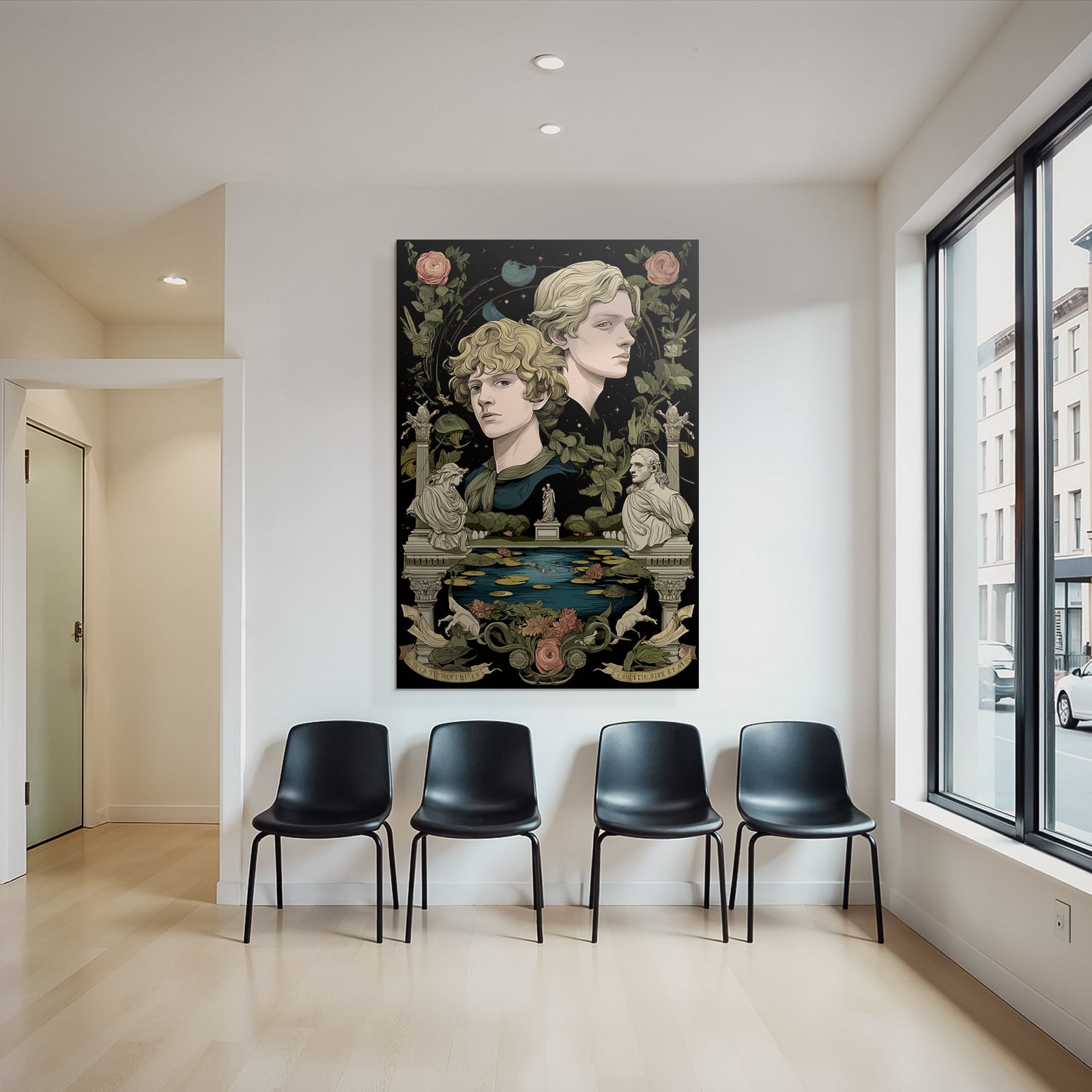 Two Figures Surrounded by Botanical Elements and Sculptures