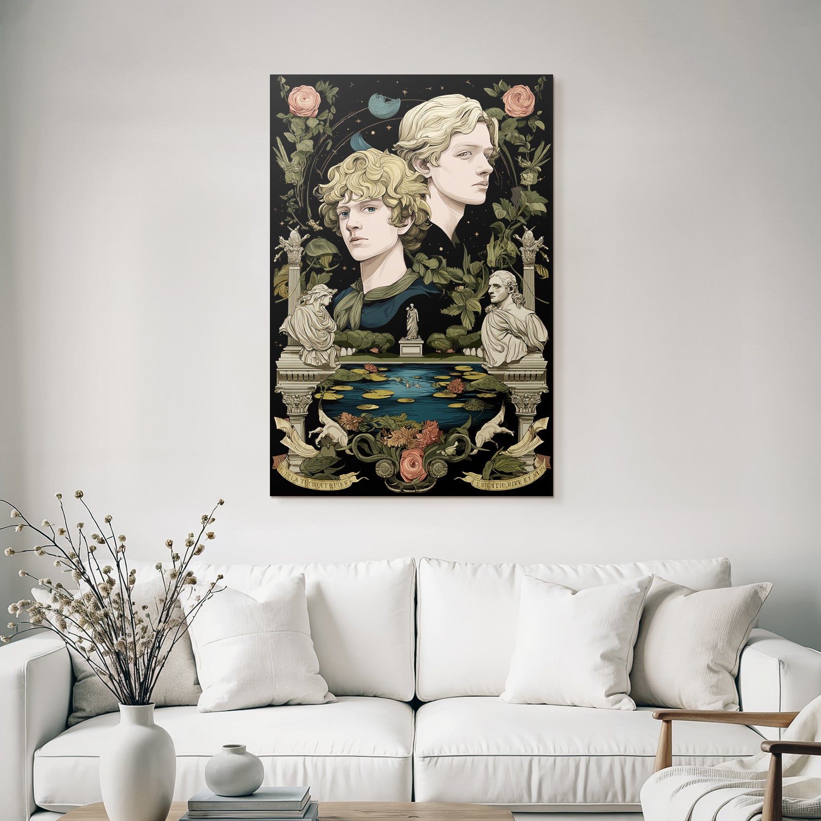 Two Figures Surrounded by Botanical Elements and Sculptures