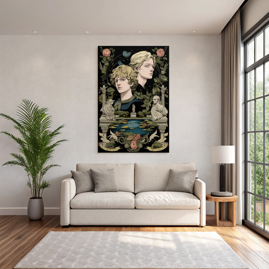 Two Figures Surrounded by Botanical Elements and Sculptures