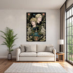 Two Figures Surrounded by Botanical Elements and Sculptures