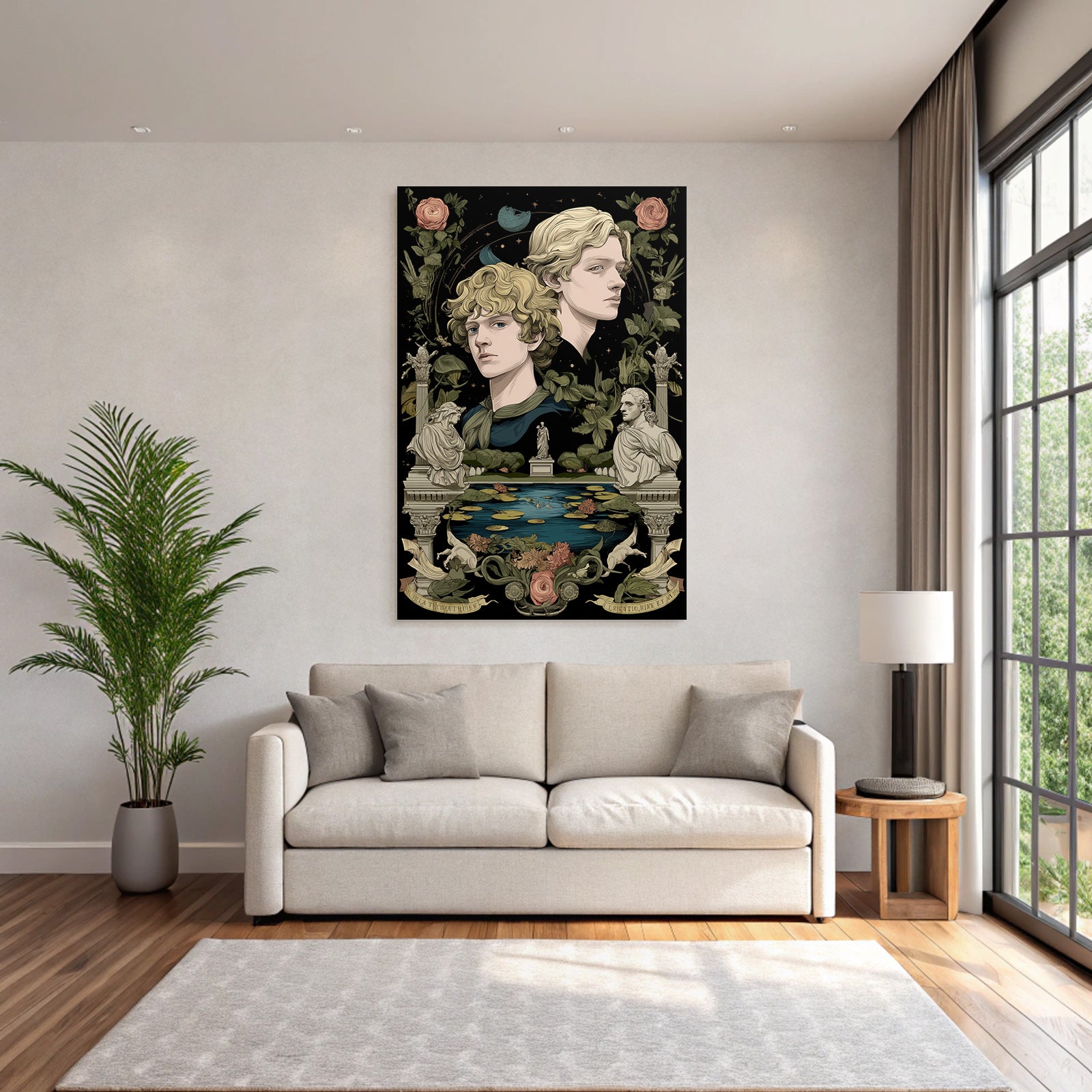 Two Figures Surrounded by Botanical Elements and Sculptures