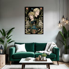 Two Figures Surrounded by Botanical Elements and Sculptures
