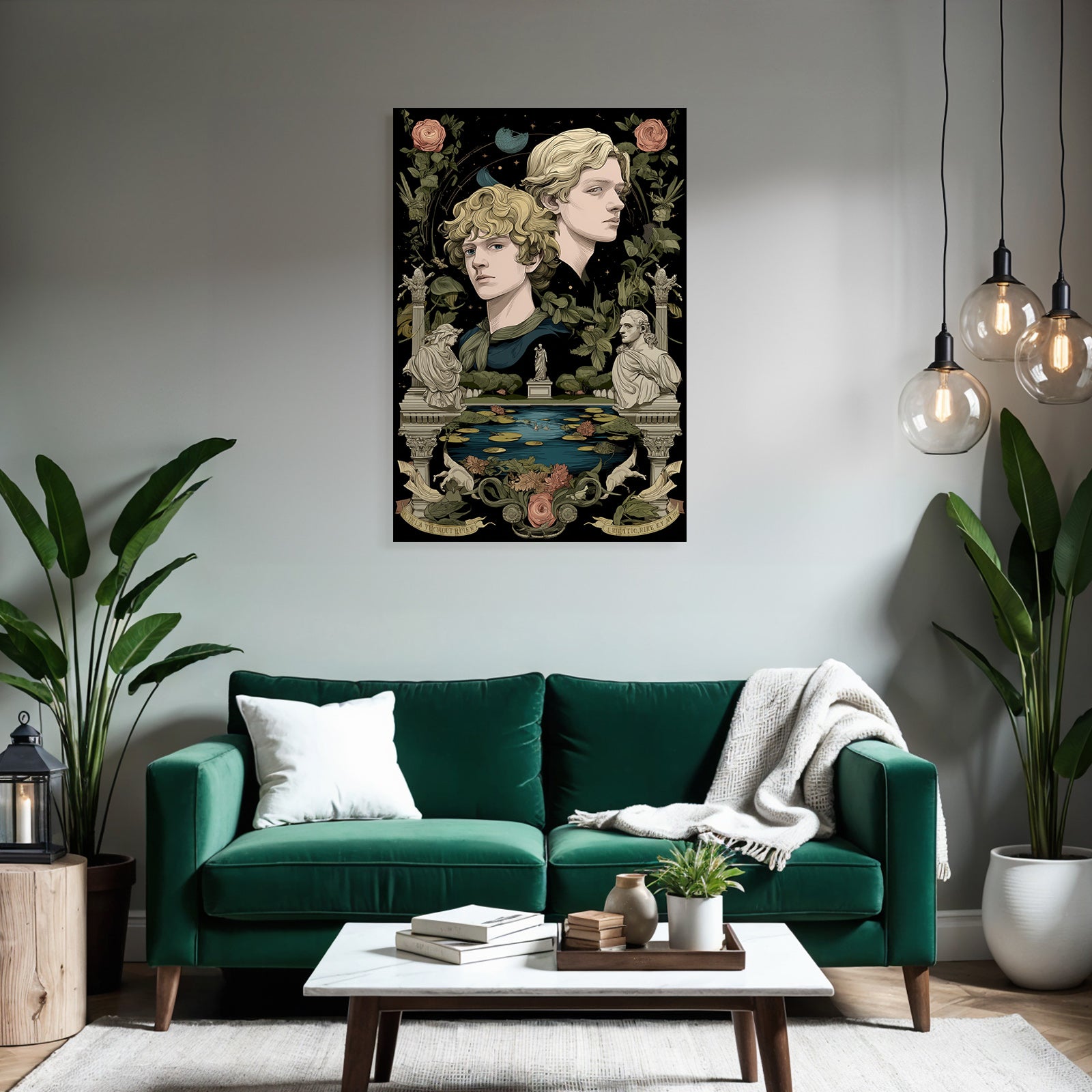 Two Figures Surrounded by Botanical Elements and Sculptures