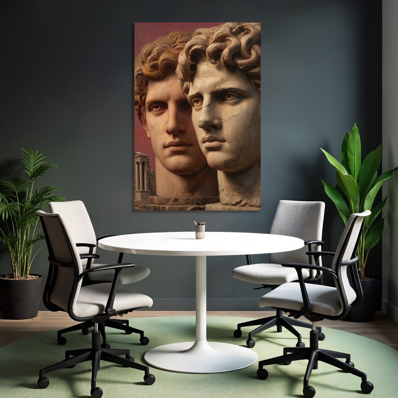 Two stylized human heads with ancient architecture