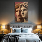 Two stylized human heads with ancient architecture