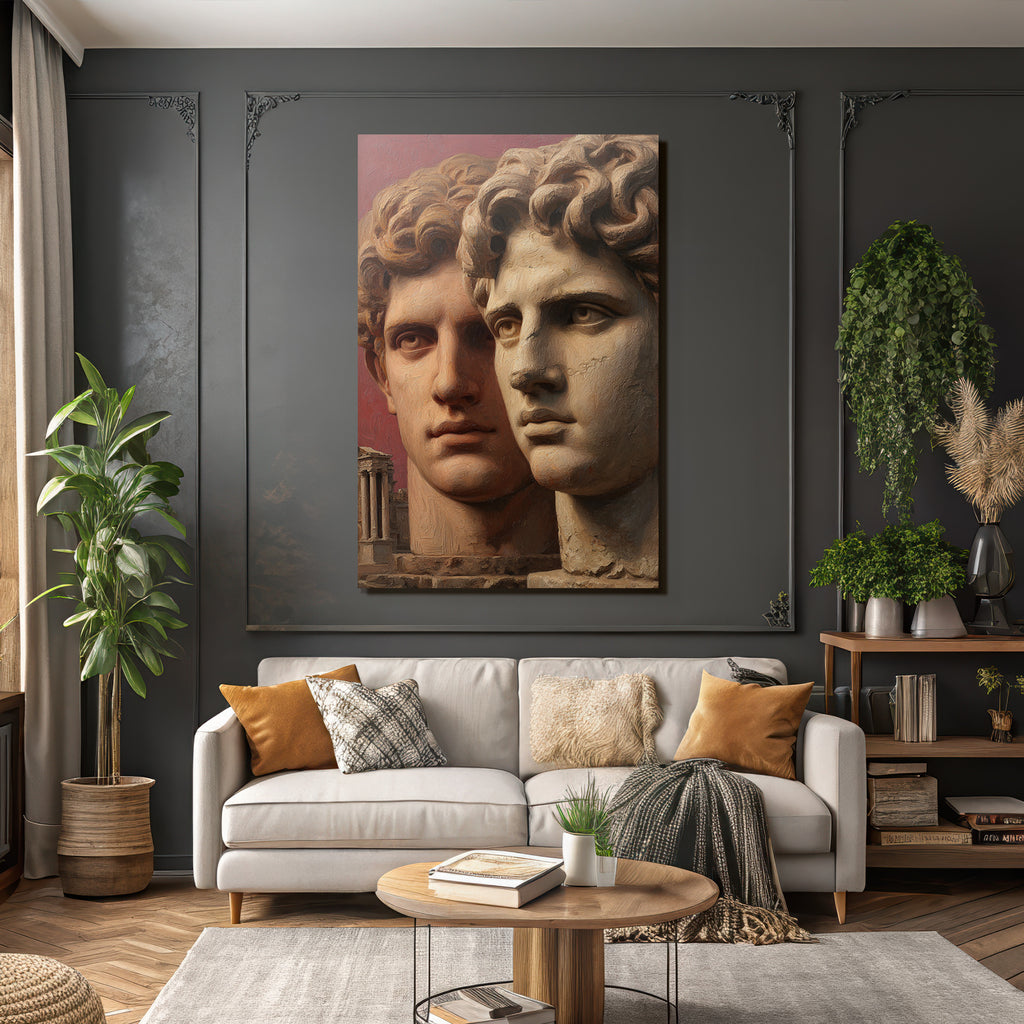 Two stylized human heads with ancient architecture