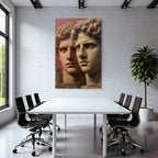 Two stylized human heads with ancient architecture