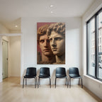 Two stylized human heads with ancient architecture