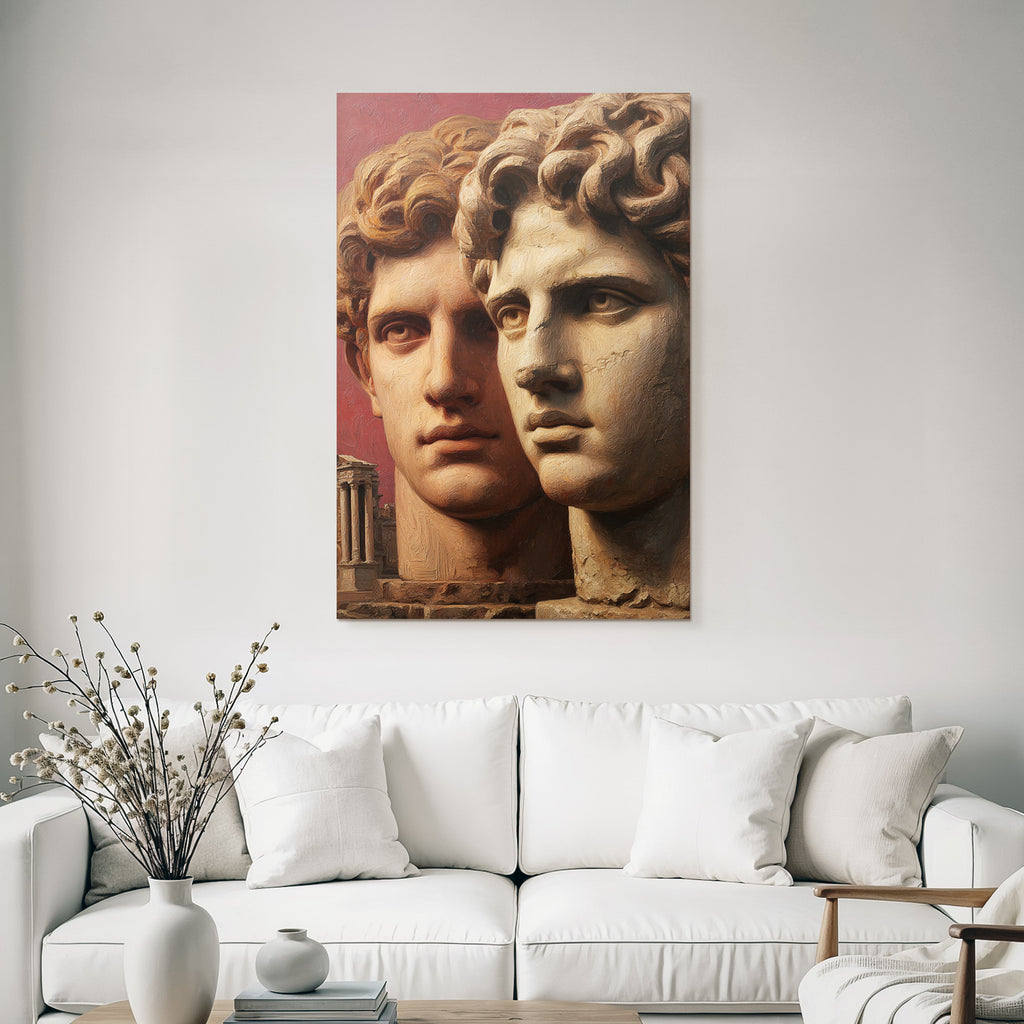 Two stylized human heads with ancient architecture