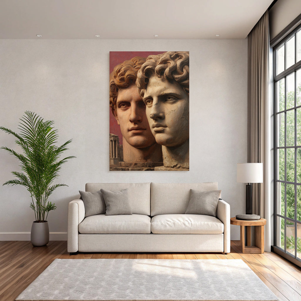 Two stylized human heads with ancient architecture