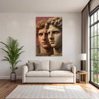 Two stylized human heads with ancient architecture
