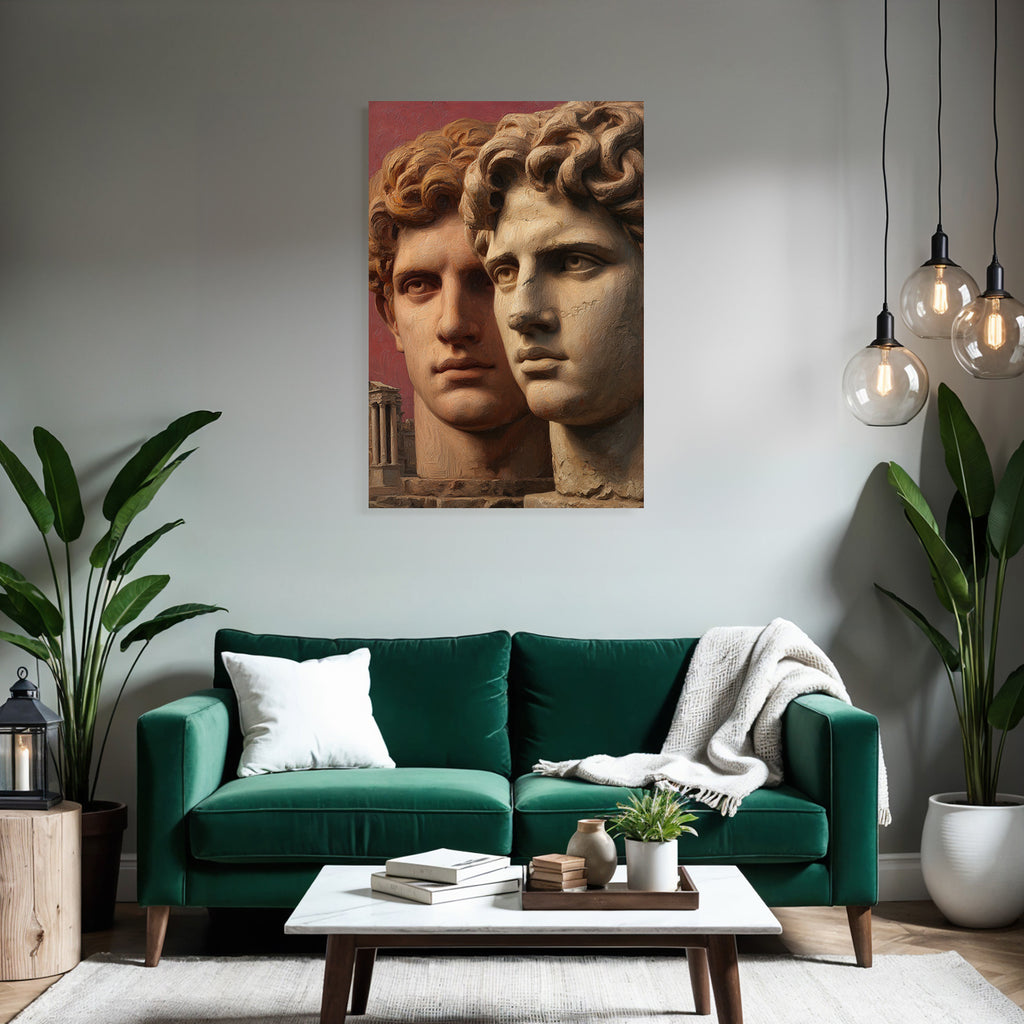 Two stylized human heads with ancient architecture