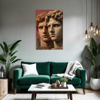 Two stylized human heads with ancient architecture
