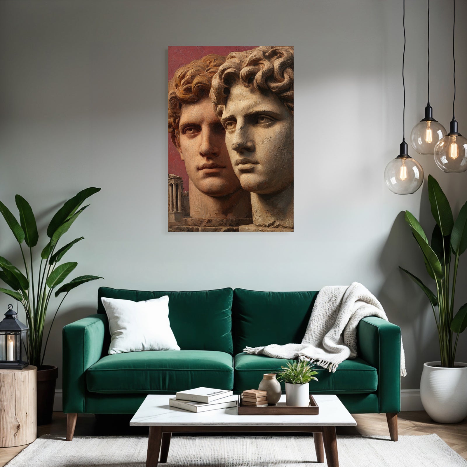 Two stylized human heads with ancient architecture
