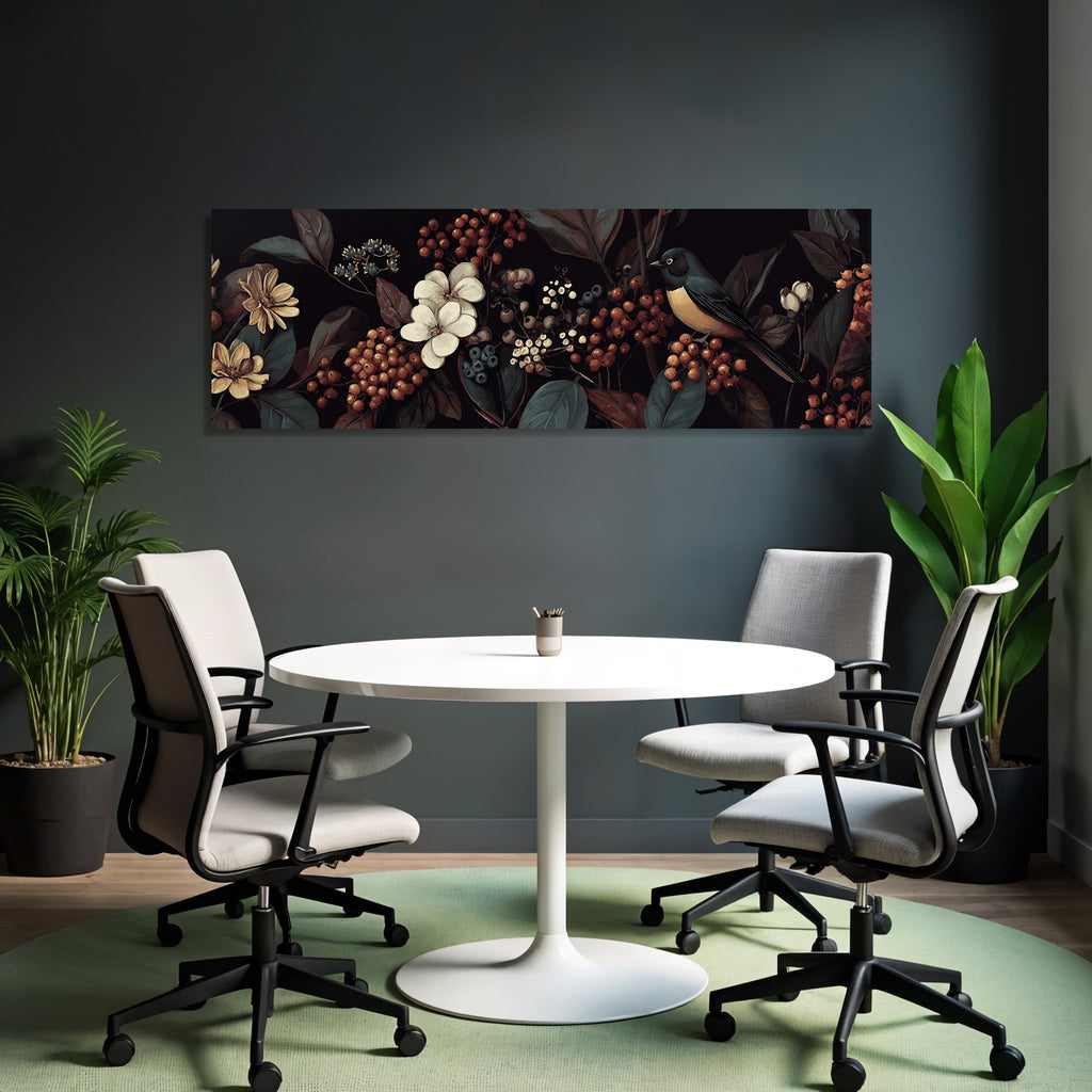 Blumen Blaetter Vogel Kunstwerk Auf Dunklem Hintergrund