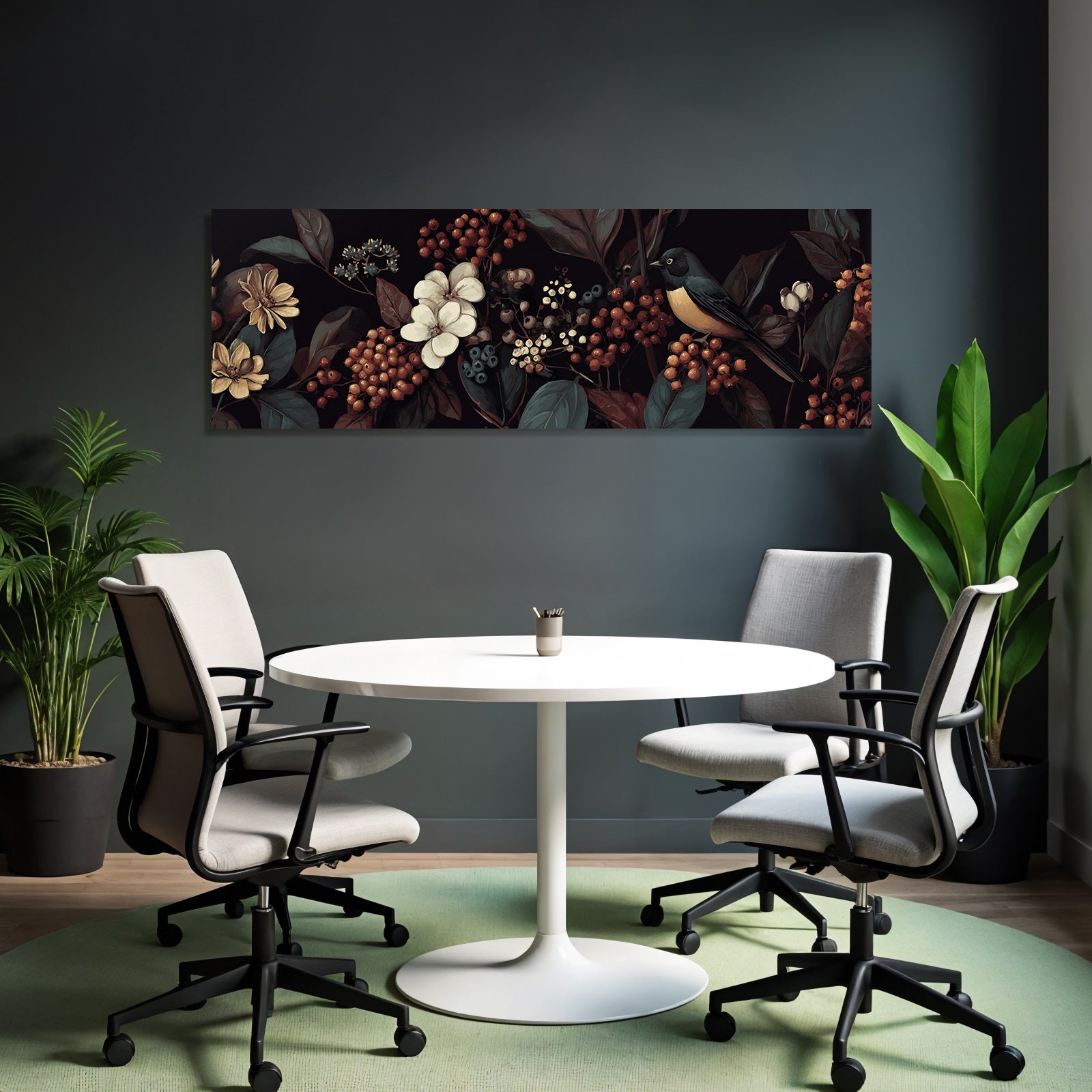 Blumen Blaetter Vogel Kunstwerk Auf Dunklem Hintergrund