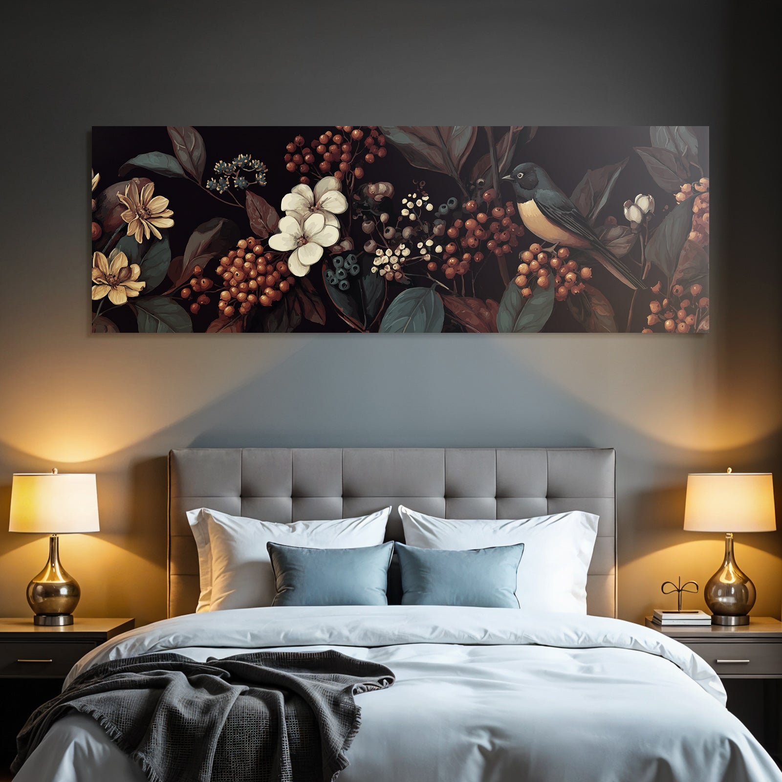 Blumen Blaetter Vogel Kunstwerk Auf Dunklem Hintergrund