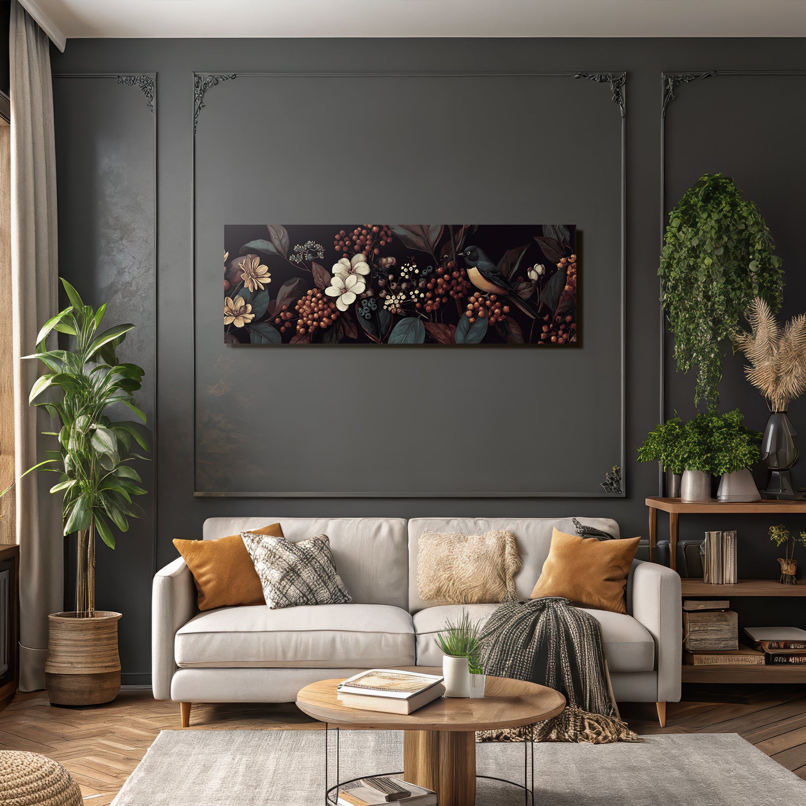 Blumen Blaetter Vogel Kunstwerk Auf Dunklem Hintergrund