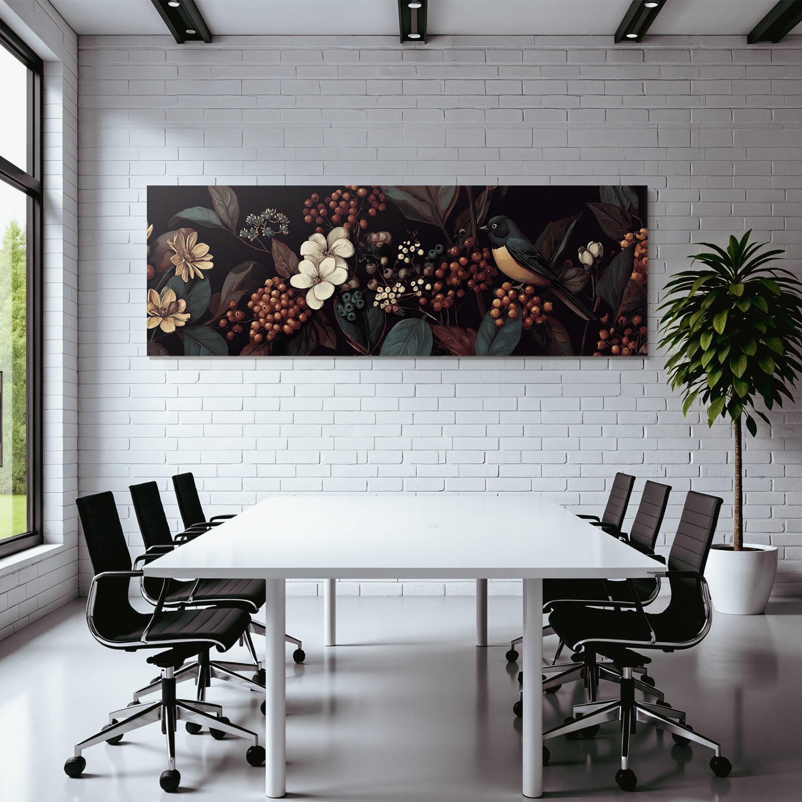 Blumen Blaetter Vogel Kunstwerk Auf Dunklem Hintergrund