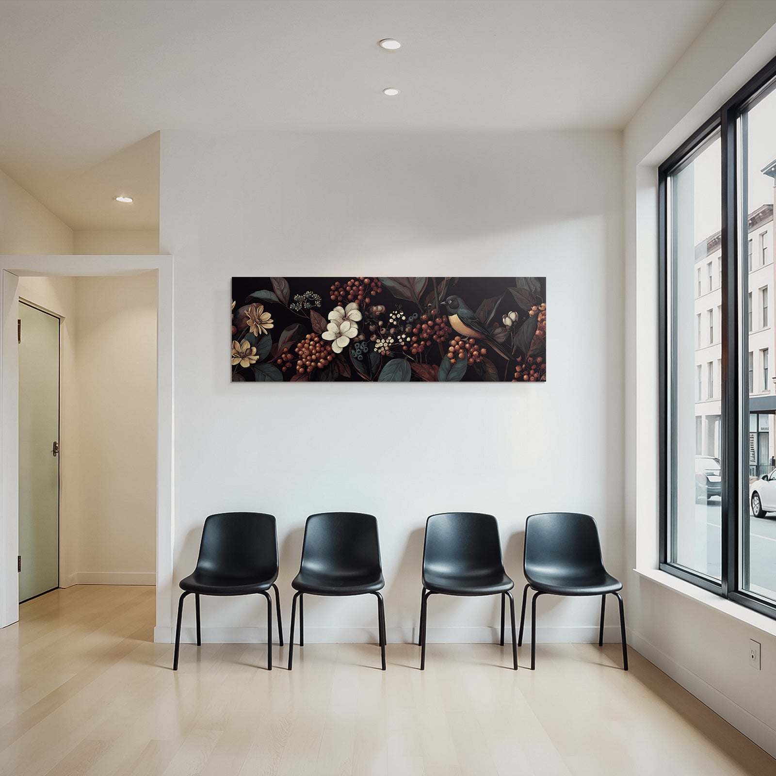 Blumen Blaetter Vogel Kunstwerk Auf Dunklem Hintergrund