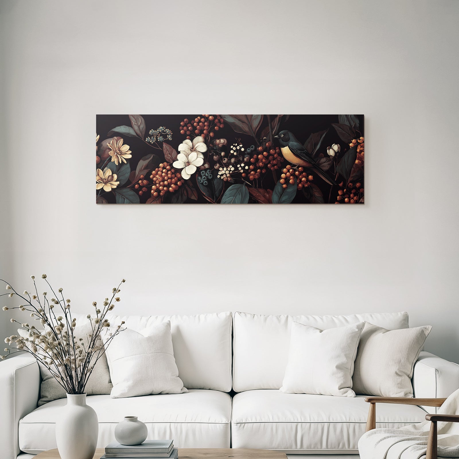Blumen Blaetter Vogel Kunstwerk Auf Dunklem Hintergrund