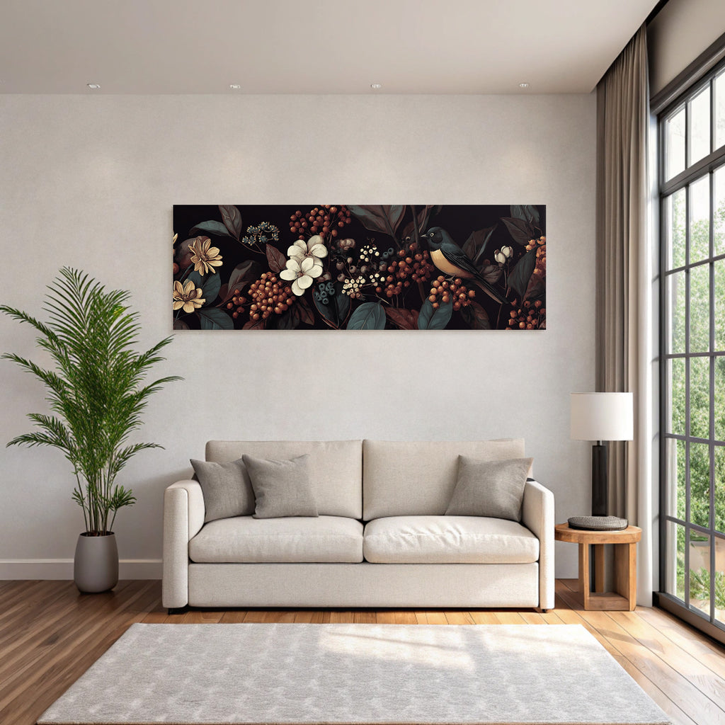 Blumen Blaetter Vogel Kunstwerk Auf Dunklem Hintergrund