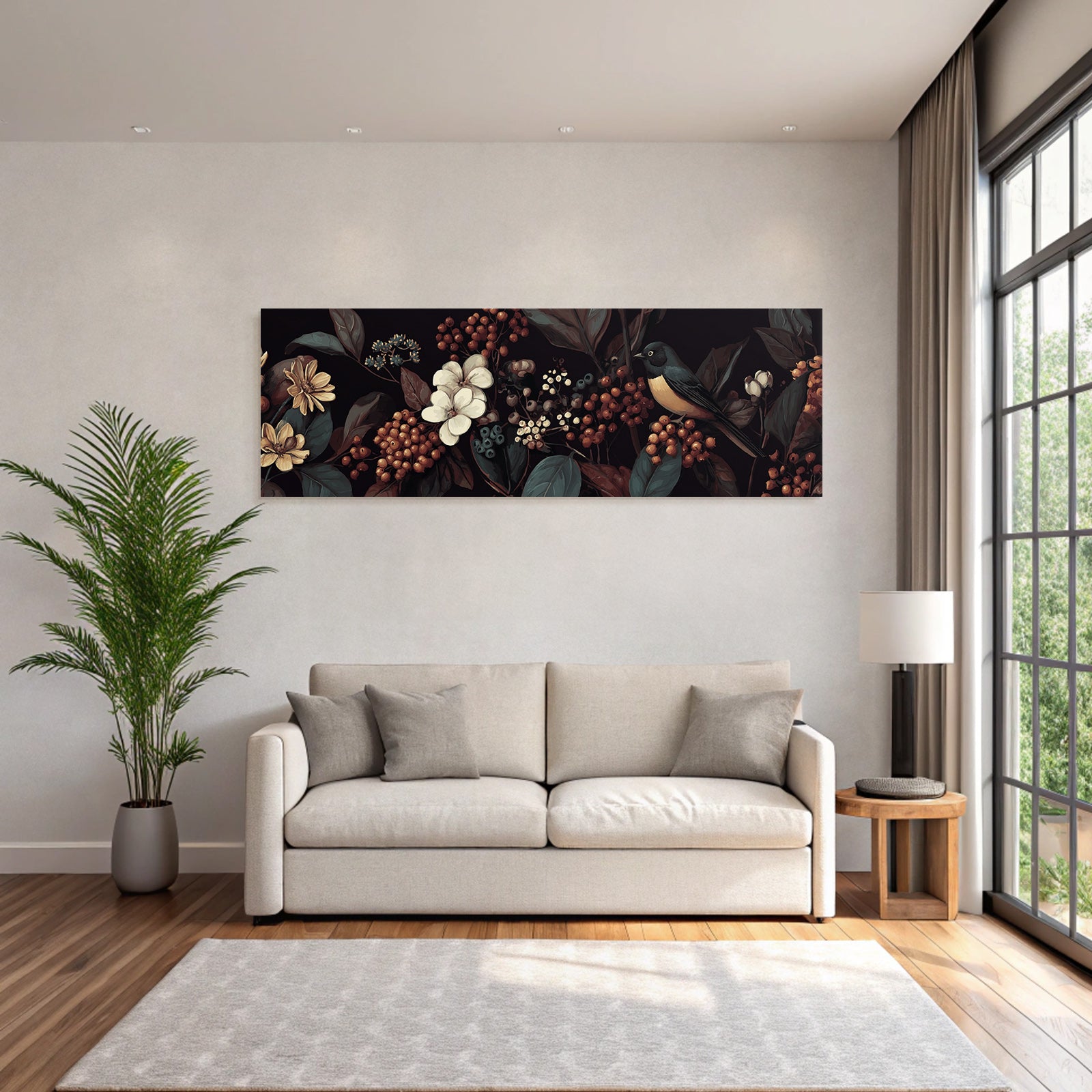Blumen Blaetter Vogel Kunstwerk Auf Dunklem Hintergrund