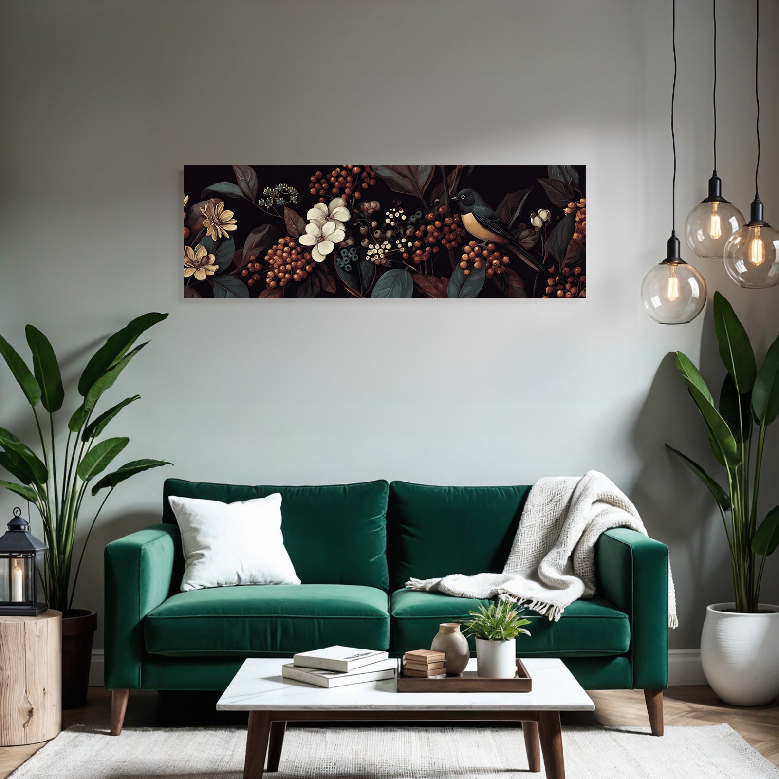 Blumen Blaetter Vogel Kunstwerk Auf Dunklem Hintergrund