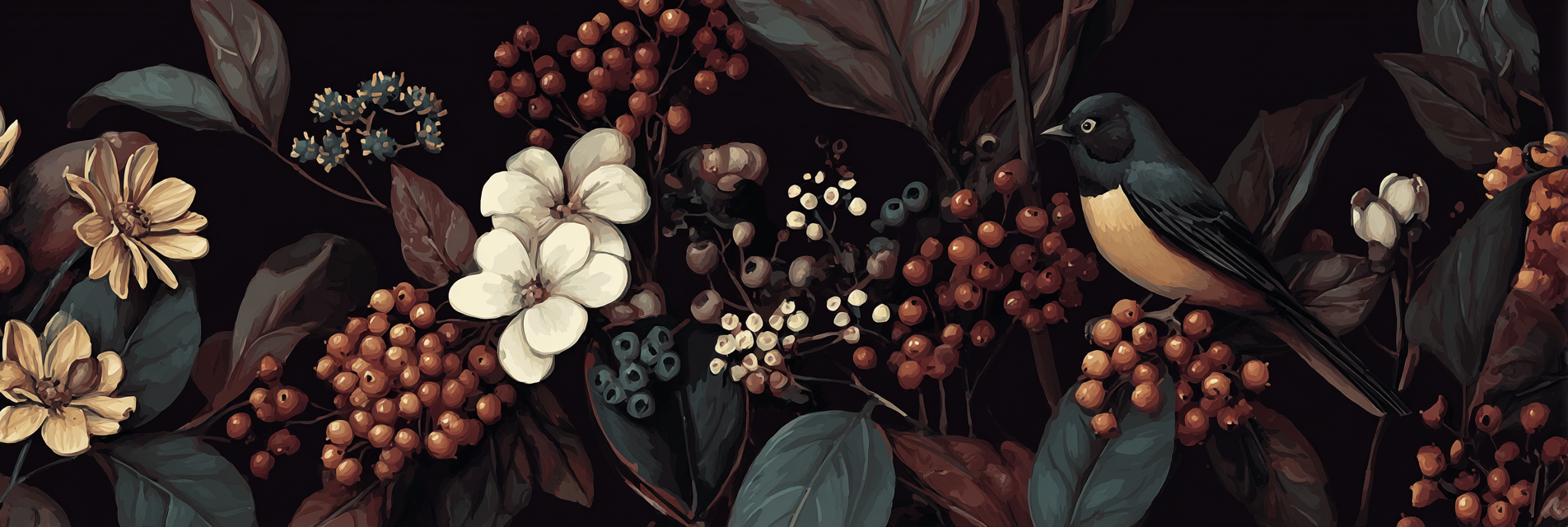 Blumen Blaetter Vogel Kunstwerk Auf Dunklem Hintergrund | Klassisch | Einrichtungsstile